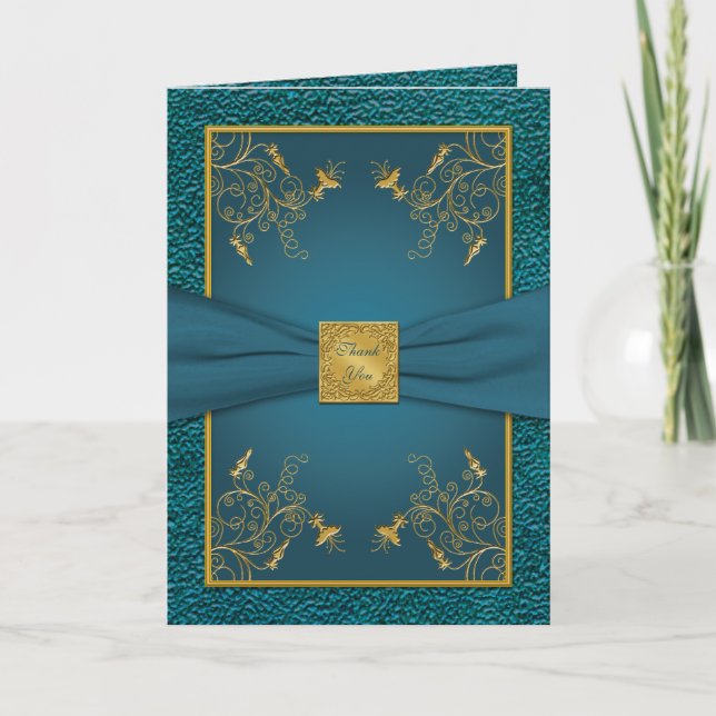 Cartão de Agradecimento Dourado em Turquesa (Frente)