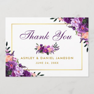 Cartão De Agradecimento Dourado Floral De Casamento Ultrassado E Violeta A