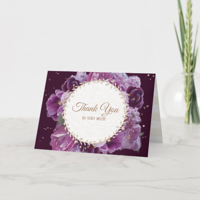 Cartão De Agradecimento Dourado Floral Violeta Pintado Moderno Obrigado (Frente)