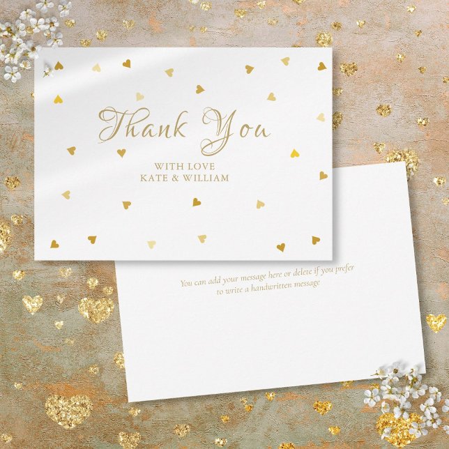 Cartão De Agradecimento Dourado Hearts Confetti Script Obrigado (Gold Hearts Confetti Script Thank You)