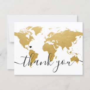 Cartão De Agradecimento Dourado Mapa Mundial e Foto de Casamento