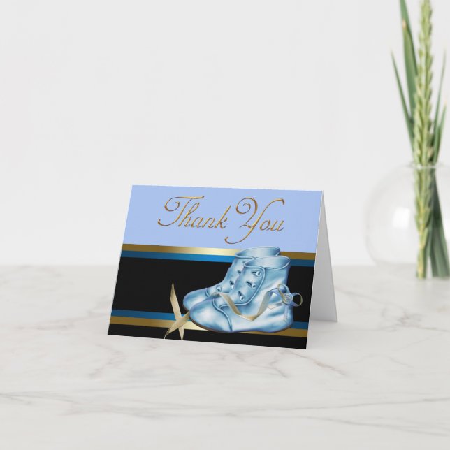 Cartão De Agradecimento Dourado negro e Calçado azul do bebê Obrigado (Frente)