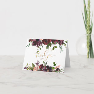 Cartão De Agradecimento Dourado Obrigado Script, Red Burgundy E Blush Flor