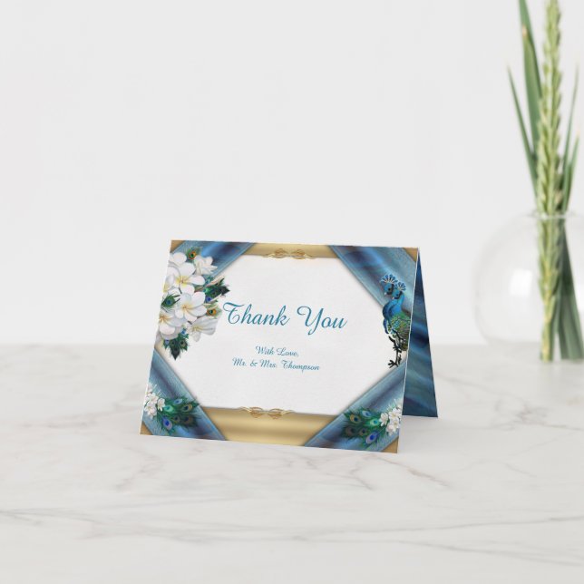 Cartão De Agradecimento Dourado, Penas Peacock na Emerald Green Silk (Frente)