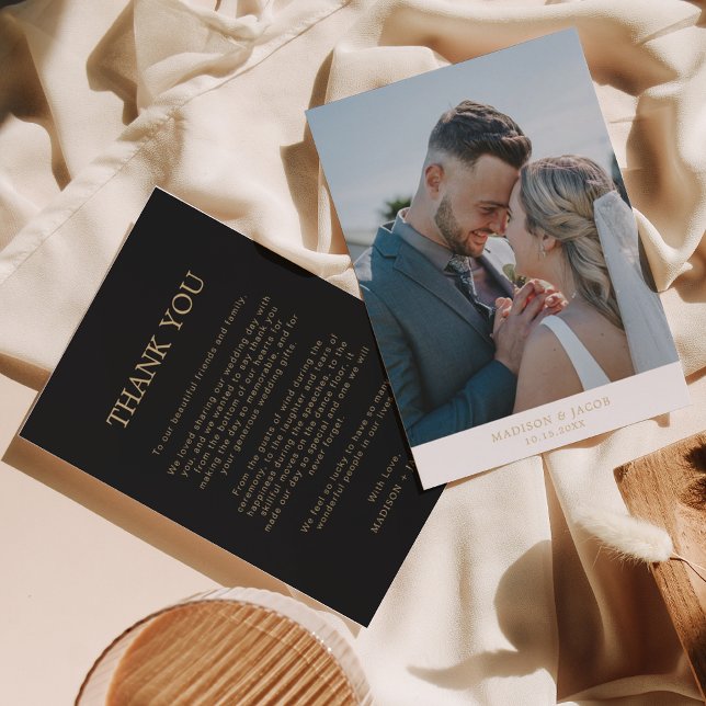 Cartão De Agradecimento Dourado preto simples com casamento fotográfico (Criador carregado)