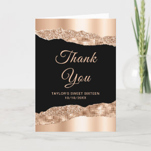 Cartão De Agradecimento Dourado Rosa e Lágrimas Glam Black Sweet Sixteen