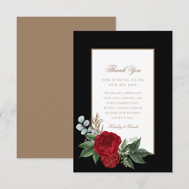 Cartão De Agradecimento Dourado Script Elegante Peonies Vermelhos Preto e  (Frente/Verso)