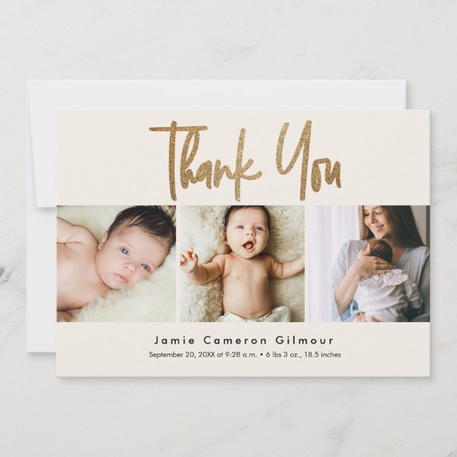 Cartão De Agradecimento Dourado Script Neutral Cream Beige 3 Fotos do bebê (Frente)