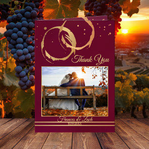 Cartão De Agradecimento Dourado Vinho Foto de Casamento Obrigado Nota