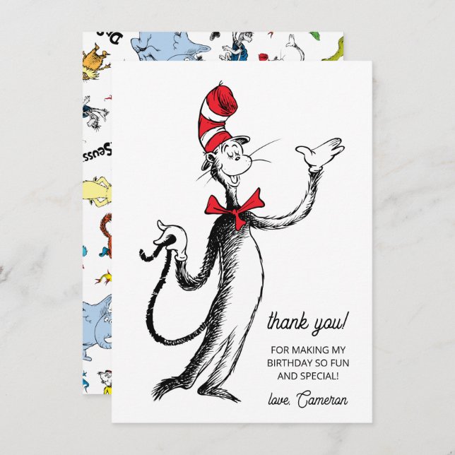Cartão De Agradecimento Dr. Seuss Character Confetti | ANIVERSÁRIO DE CRIA (Frente/Verso)
