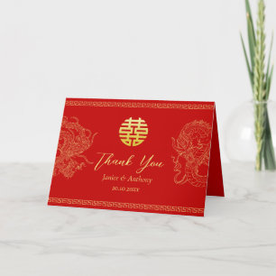 Cartão De Agradecimento Dragão de casamento chinês vermelho fênix noiva
