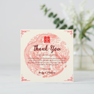 Cartão De Agradecimento Dragão e fênix vermelho dourado casamento chinês