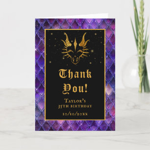 Cartão De Agradecimento Dragão Roxo Escala Dourada Faux Glitter Aniversári