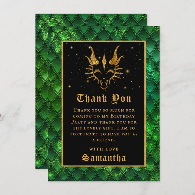 Cartão De Agradecimento Dragão Verde Escala Dourada Faux Glitter Aniversár (Frente/Verso)