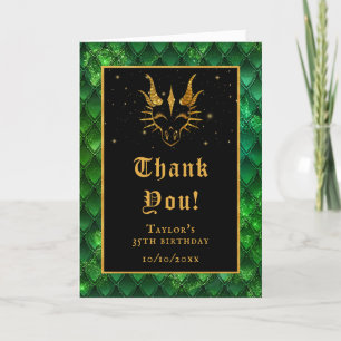 Cartão De Agradecimento Dragão Verde Escala Dourada Faux Glitter Aniversár