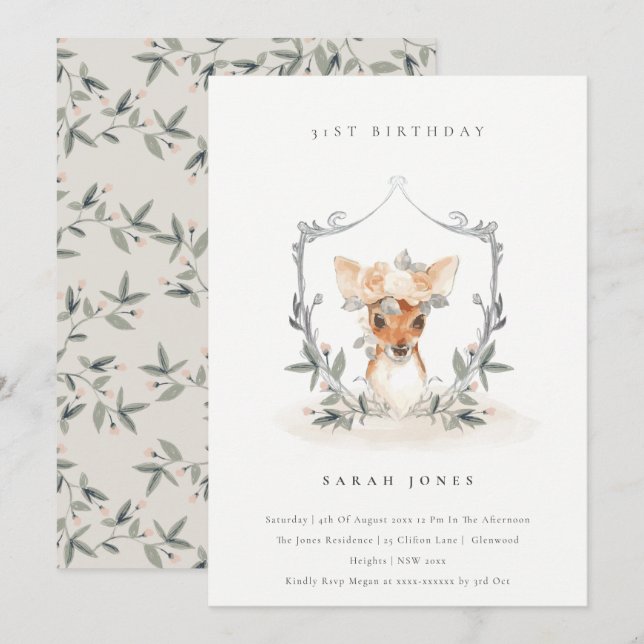 Cartão De Agradecimento Dusky Deer Floral Crest Qualquer Idade Aniversário (Frente/Verso)