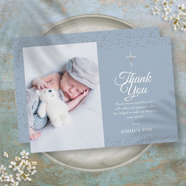 Cartão De Agradecimento Dusty Blue Baptism Foto Silver Obrigado (Dusty Blue Baptism Photo Silver Thank You)