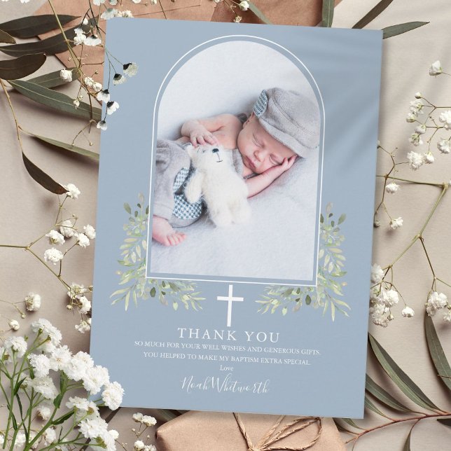 Cartão De Agradecimento Dusty Blue Baptism Greenery Arch Foto (Dusty Blue Baptism Greenery Arch Photo Thank You Card)