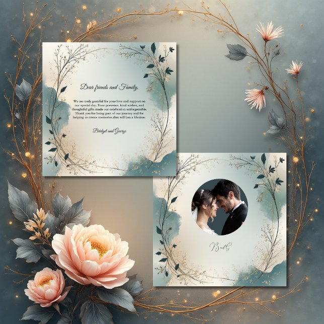 Cartão De Agradecimento Dusty Blue Beige Boho foliage wreath Wedding photo (Criador carregado)