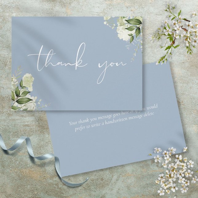 Cartão De Agradecimento Dusty Blue Botanical Greenery Elegante (Dusty Blue Botanical Greenery Elegant Script Thank You Card)