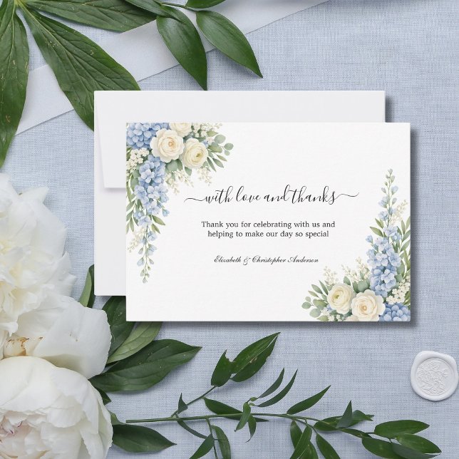 Cartão De Agradecimento Dusty Blue Cream Floral Greenery Wedding (Dusty Blue, cream and white watercolor florals wedding thank you cards. Personalized)