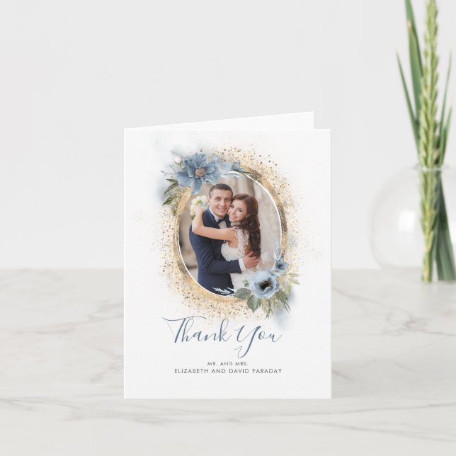 Cartão De Agradecimento Dusty Blue e Dourada Glitter (Frente)