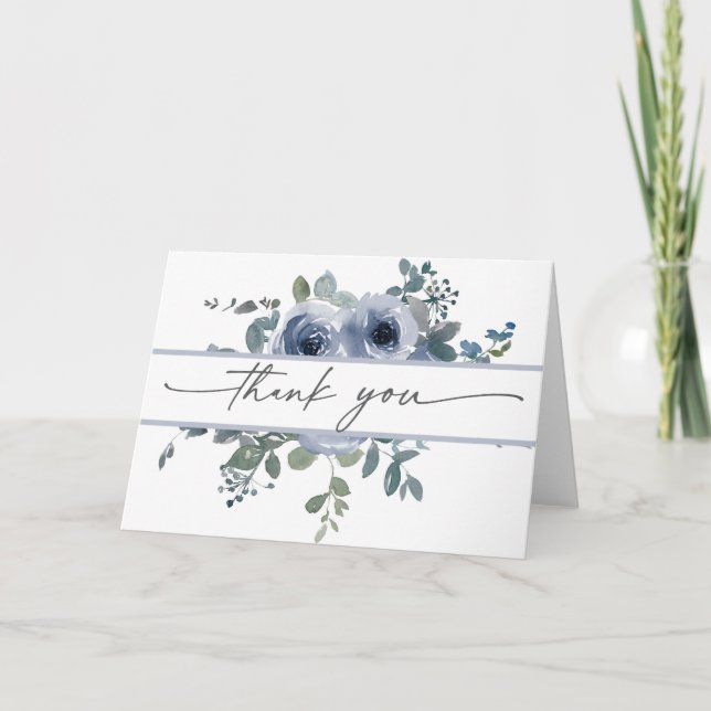 Cartão De Agradecimento Dusty Blue Floral and Grey Wedding Thank You Card (Frente)