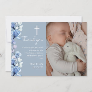 Cartão De Agradecimento Dusty Blue Floral Foto do Batismo Christening