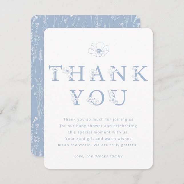 Cartão De Agradecimento Dusty Blue Floral Thank You Card | Baby Shower (Frente/Verso)