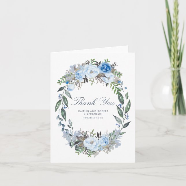 Cartão De Agradecimento Dusty Blue Floral Wreath Casamento Obrigado (Frente)