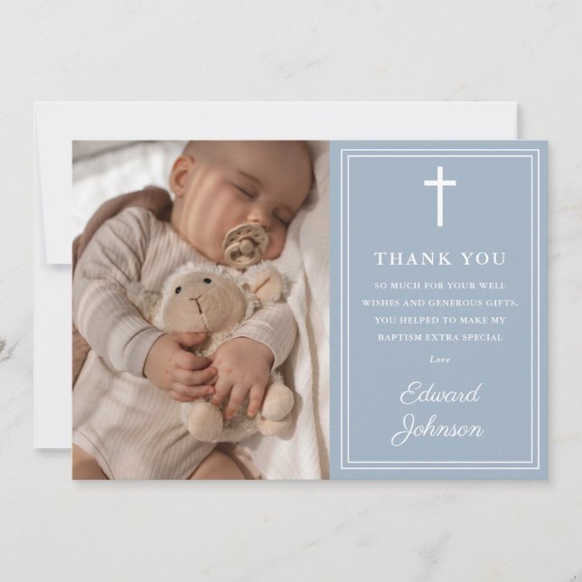 Cartão De Agradecimento Dusty Blue Modern Photo Baptism Christening (Frente)