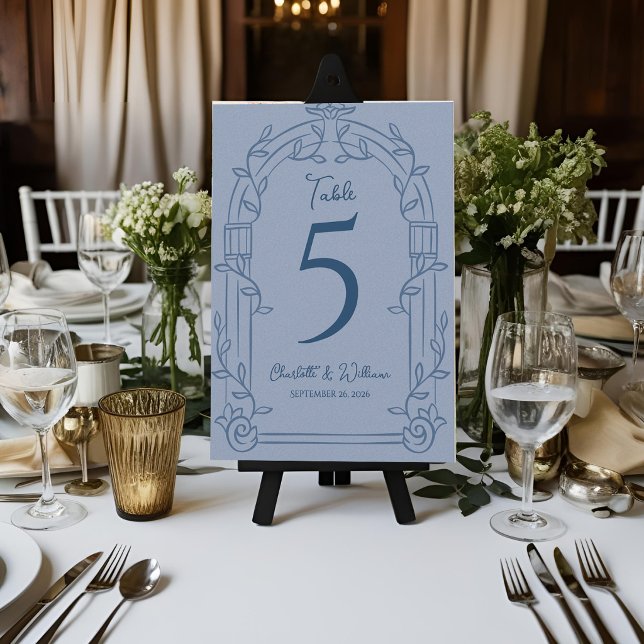 Cartão De Agradecimento Dusty Blue Ornate Arch Wedding Table Number Card (Dusty Blue Ornate Arch Botanical Wedding Table Number Card Elegant Reception Decor)