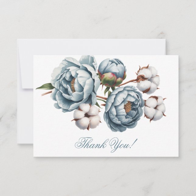 Cartão De Agradecimento Dusty Blue Peony and Cotton Wedding (Frente)
