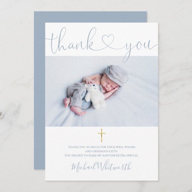 Cartão De Agradecimento Dusty Blue Photo Signature Script Baptism Heart (Frente/Verso)