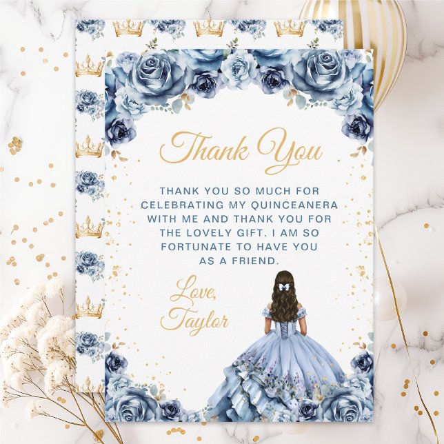 Cartão De Agradecimento Dusty Blue Princess Floral Quinceañera (Criador carregado)