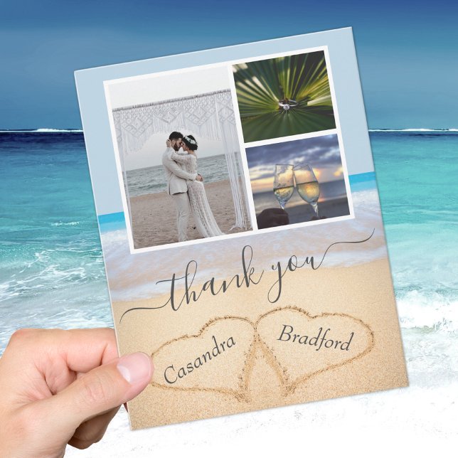 Cartão De Agradecimento Dusty Blue Tropical Beach Hearts in Sand Wedding (Criador carregado)
