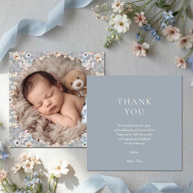 Cartão De Agradecimento Dusty Blue Wildflower Baby Shower Photo (Criador carregado)