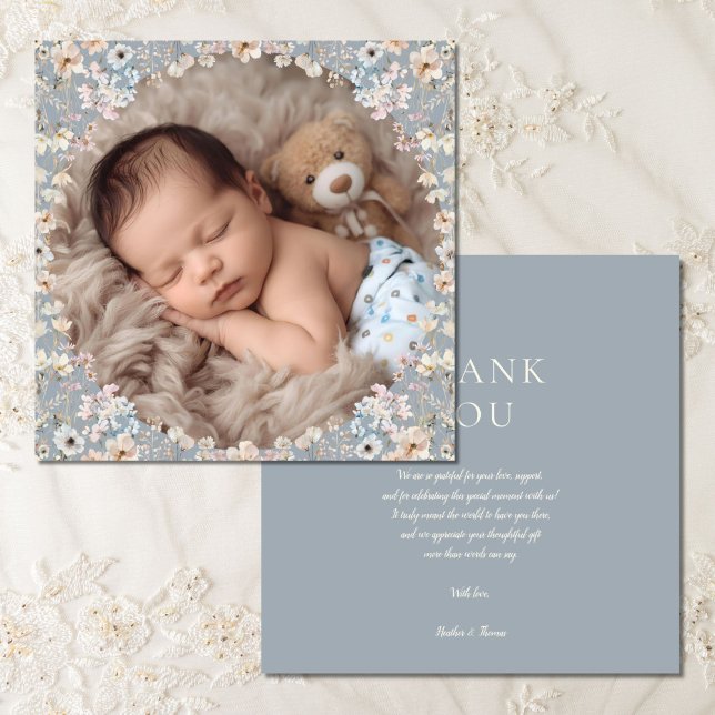 Cartão De Agradecimento Dusty Blue Wildflower Baby Shower Photo (Criador carregado)