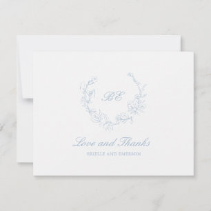 Cartão De Agradecimento Dusty Blue Wreath Monograma Foto Elegante Casament