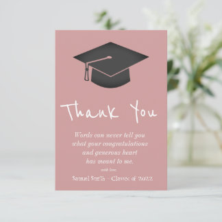 Cartão De Agradecimento Dusty Pink Handwriting Cap and Tassel Graduation