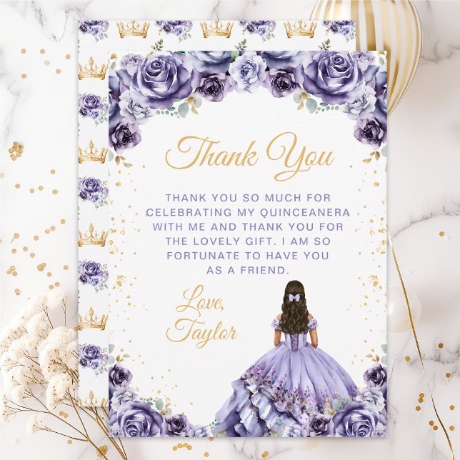 Cartão De Agradecimento Dusty Purple Princess Floral Quinceañera (Criador carregado)
