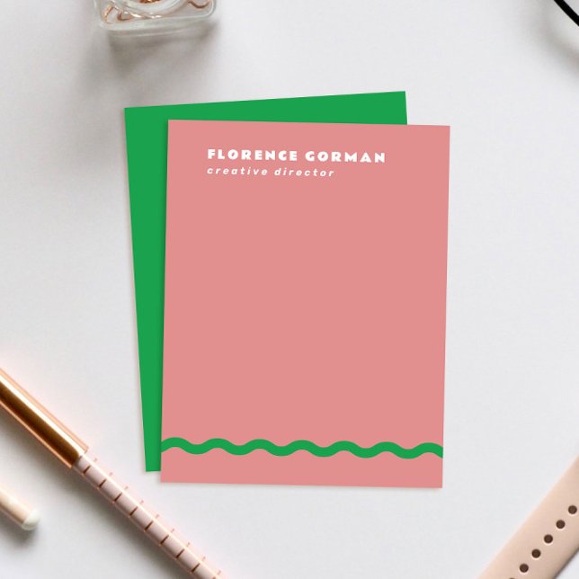 Cartão De Agradecimento Dusty Rosa e Green Wavy Frame Pessoal (dusty rose pink personal stationery note cards with fresh Kelly green backer and wavy line detail)