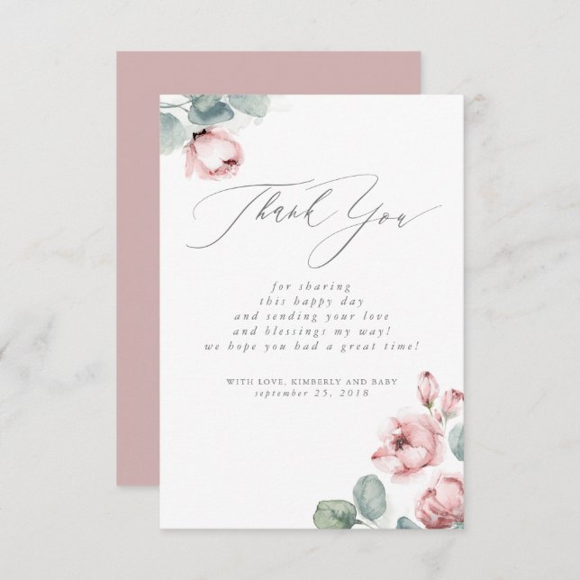 Cartão De Agradecimento Dusty Rosa Floral Pequeno Chá de fraldas Obrigado (Frente/Verso)