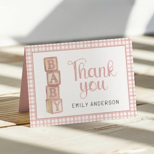 Cartão De Agradecimento Dusty Rose Gingham Baby Thank You Card | Blocks (Thank You Card)