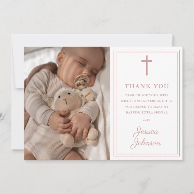Cartão De Agradecimento Dusty Rose Pink Modern Photo Baptism Christening (Frente)