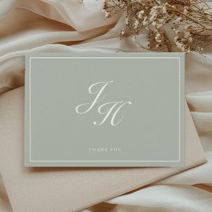 Cartão De Agradecimento Dusty Sage Clássico Monograma de Casamento Flat Ob
