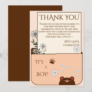Cartão De Agradecimento É um menino! Urso Fofo e Flores de Margarida para
