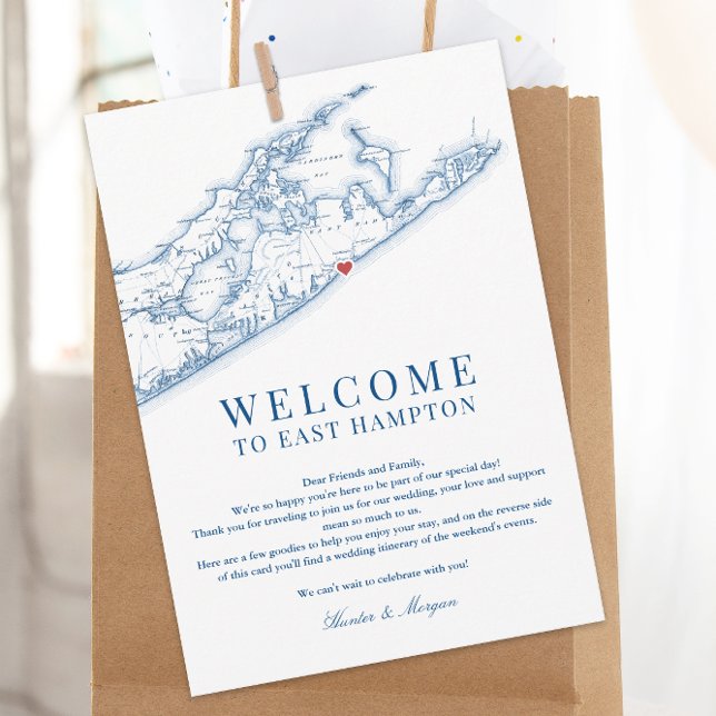 Cartão De Agradecimento East Hampton Map Wedding - Letra Marinho Azul (East Hamtpon NY Map Wedding Welcome letter and weekend events itinerary in elegant navy blue)