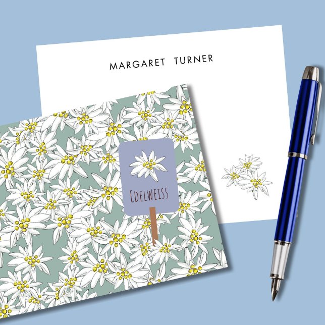 Cartão De Agradecimento Edelweiss Flor Silvestre Alpina Fofa Boho Verde Sa (This Edelweiss card is hand-illustrated with Alpine wildflowers and classic typography.)