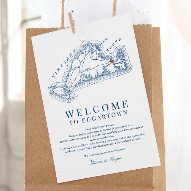 Cartão De Agradecimento Edgartown MÃE Wedding Welcome Itinerary Marinho Bl (Edgartown MA Martha's Vineyard Map wedding welcome letter weekend schedule in elegant Navy Blue )